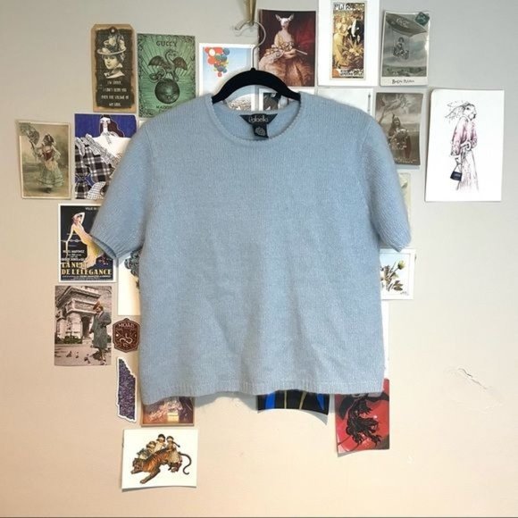 VINTAGE RAFAELLA ANGORA LAMBSWOOL ROUND NECK SHORT SLEEVE CROPPED SWEATER L - Picture 1 of 4